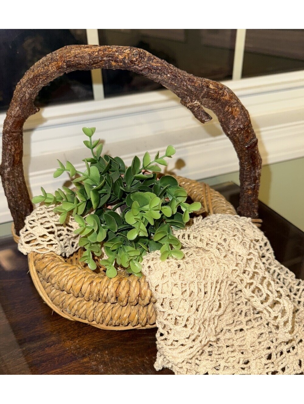 Rustic farmhouse Basket Handmade with Branch Handle, cottagecore decor